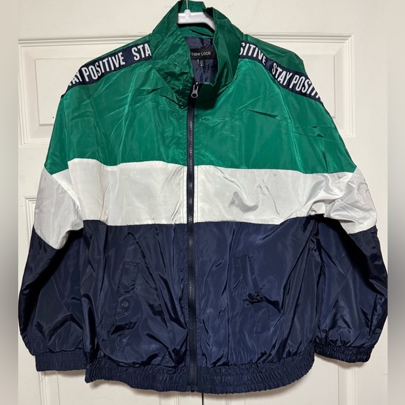 New Look Green, White, and Navy Stay Positive Vibes Windbreaker Size 2X - Picture 1 of 3
